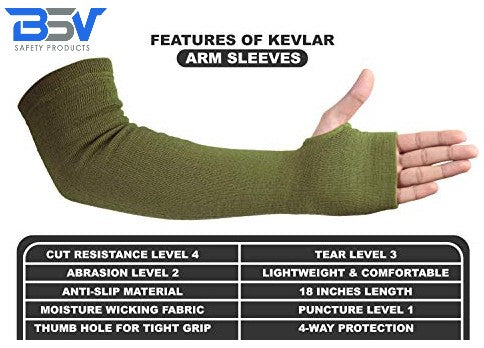 BSV Kevlar Arm Protection Mechanic Sleeves - Heat, Scratch & Cut Resistant Arm Sleeves with Thumb Hole - Bite Proof- 18 Inches, Sage Green - 1 Pair