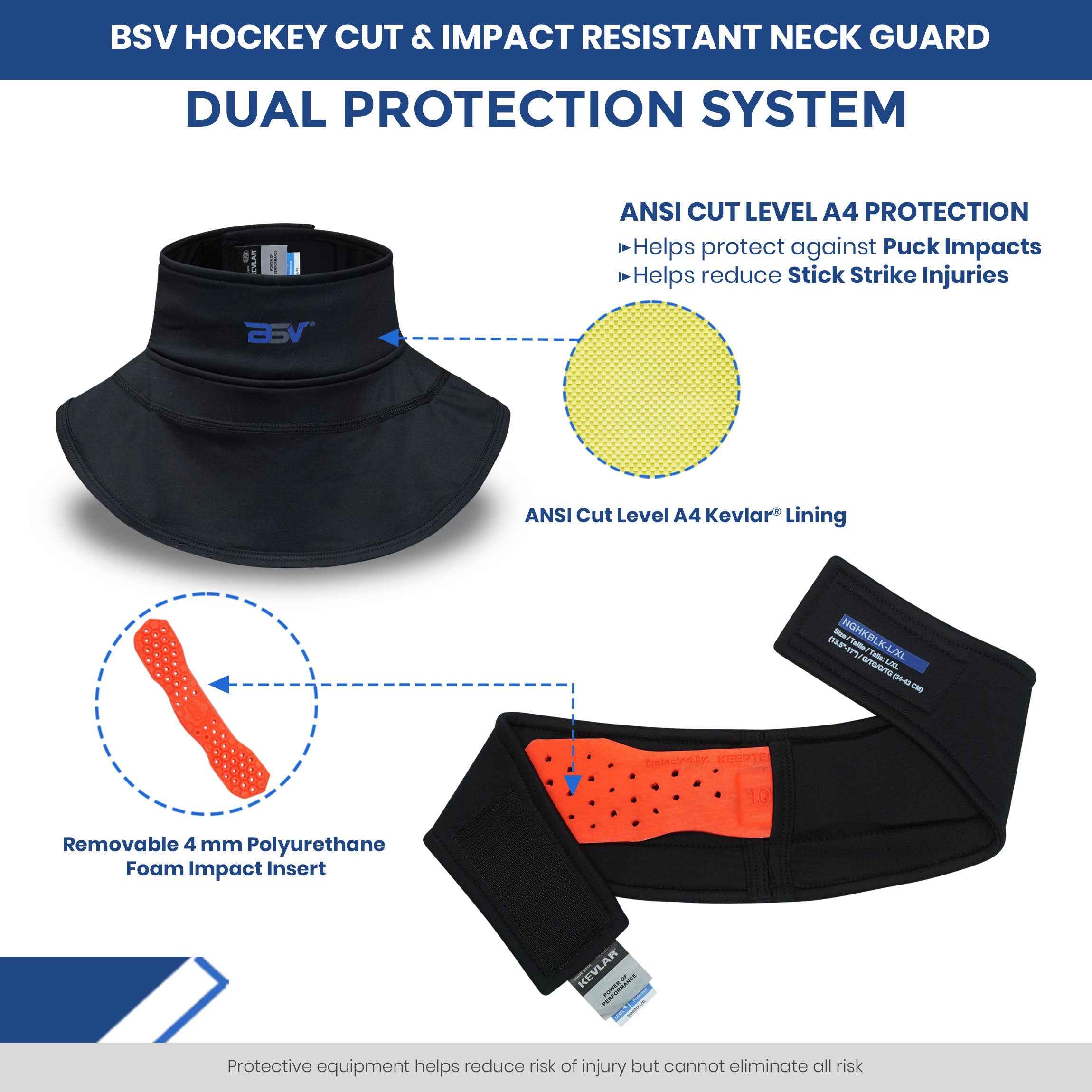 BSV Hockey Cut & Impact Resistant Neck Guard | ANSI A4 Kevlar® Composite Lining | Youth & Adult Hockey Protection
