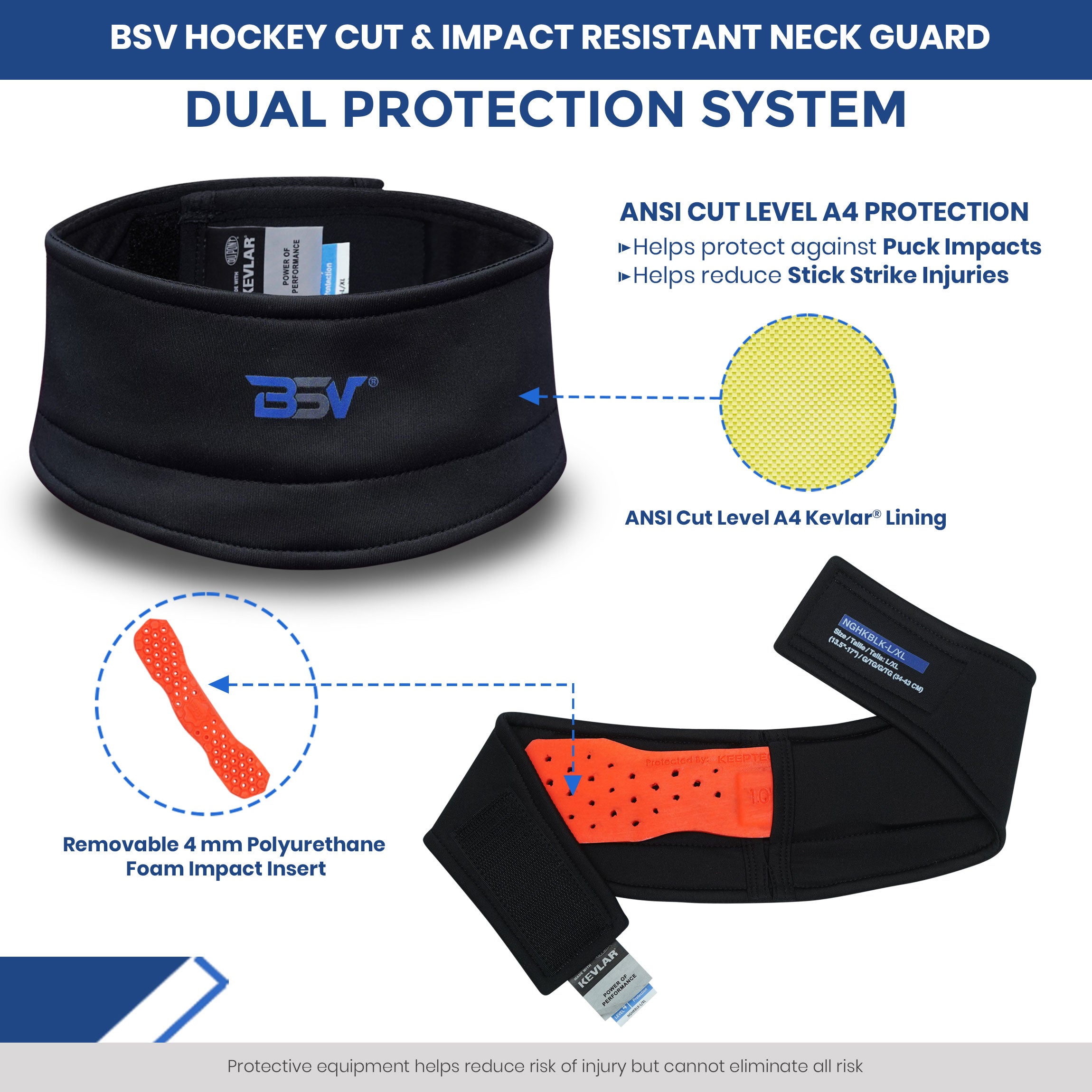BSV Hockey Cut & Impact Resistant Neck Guard | ANSI A4 Kevlar® Composite Lining | Youth & Adult Hockey Protection