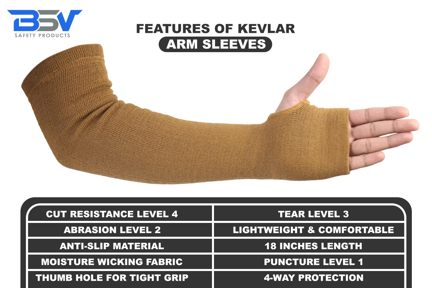 BSV Kevlar Sleeves- Heat, Scratch, Cut & Knife Resistant Arm Protective Sleeves with Thumb Hole-Bite Proof-18 Inches, D-Tan,1 Pair