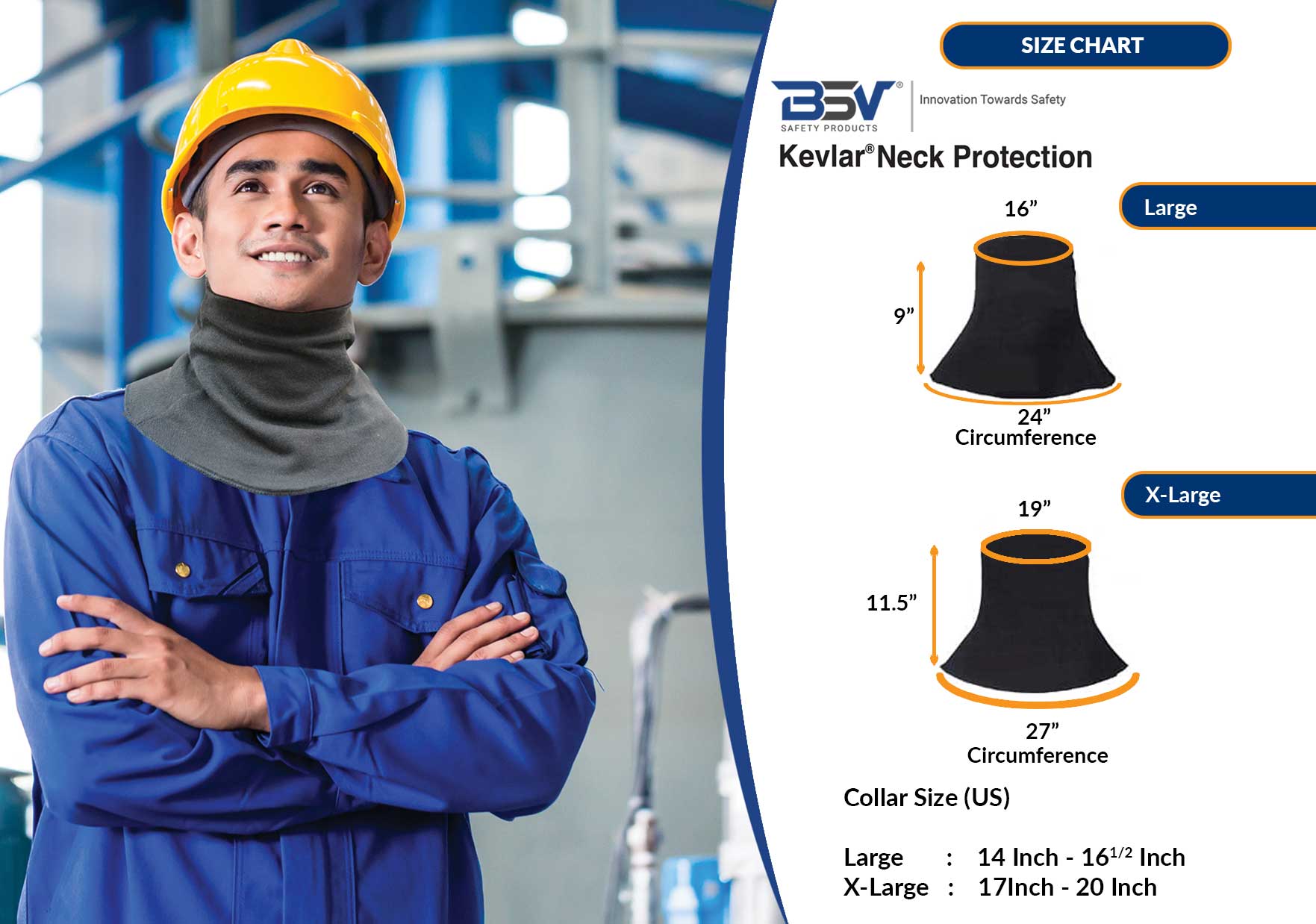 BSV Kevlar Neck Protection XL (Good Fit XL to 3XL) - Cut, Scratch, Flame & Heat Resistant Neck Protector – Unisex, Welding, Outdoor Sports, Black, XL