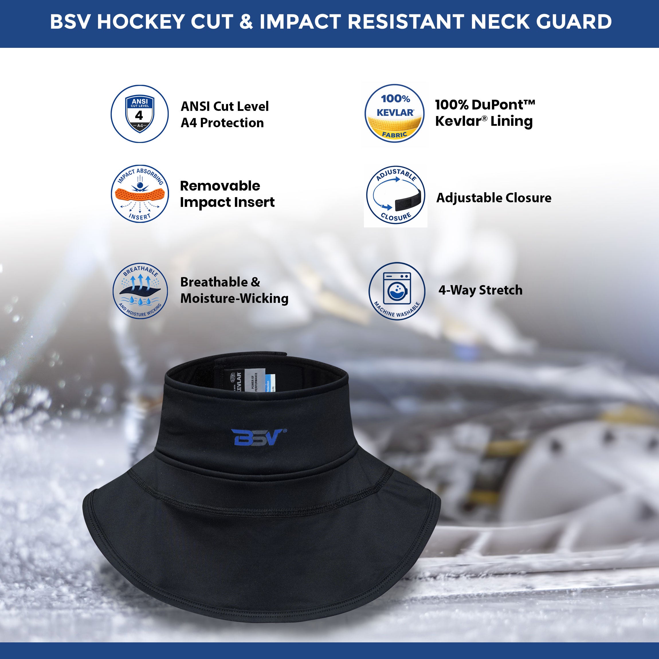 BSV Hockey Cut & Impact Resistant Neck Guard | ANSI A4 Kevlar® Composite Lining | Youth & Adult Hockey Protection