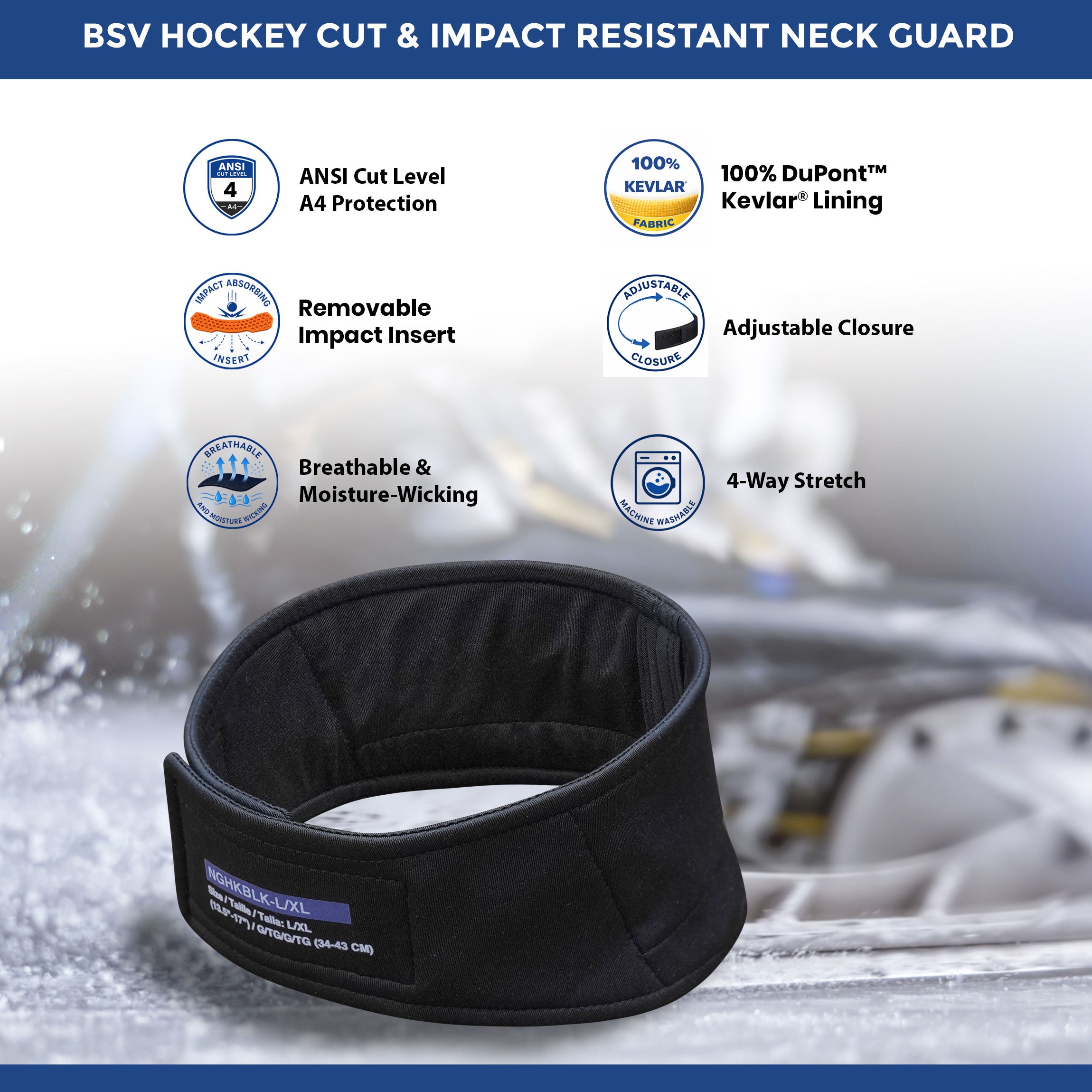 BSV Hockey Cut & Impact Resistant Neck Guard | ANSI A4 Kevlar® Composite Lining | Youth & Adult Hockey Protection