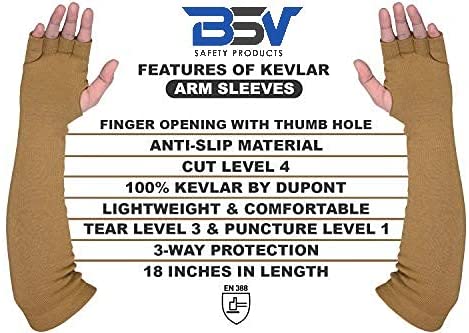 BSV Kevlar Arm Protection Mechanic Sleeves- Heat, Scratch & Cut Resistant Arm Sleeve with Finger Opening - Bite Proof- 18 Inches, Desert Tan, 1 Pair